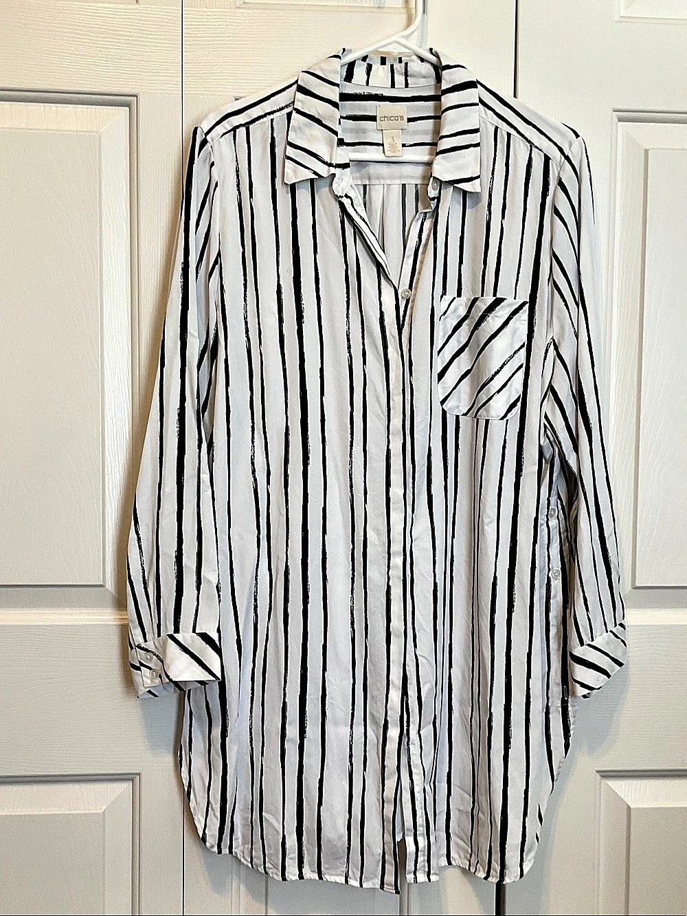 Chico's Striped Button Down tunic in White & Black Size 3